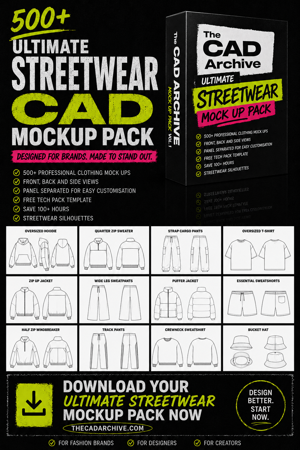 500+ clothing mockup cads + techpack template 