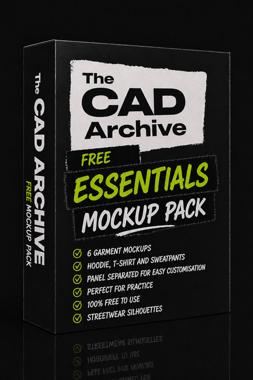 Black box with 'The CAD Archive' branding and text about a mockup pack on a black background