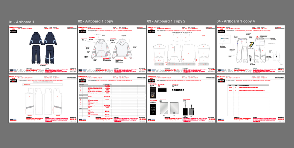 Set of technical drawings and specifications for a product on a gray background