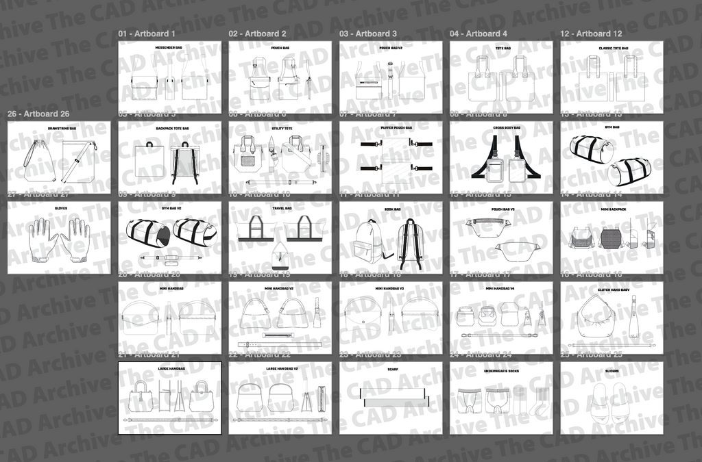 Grid of black and white line drawings on a gray background with 'CAD Archive' branding.