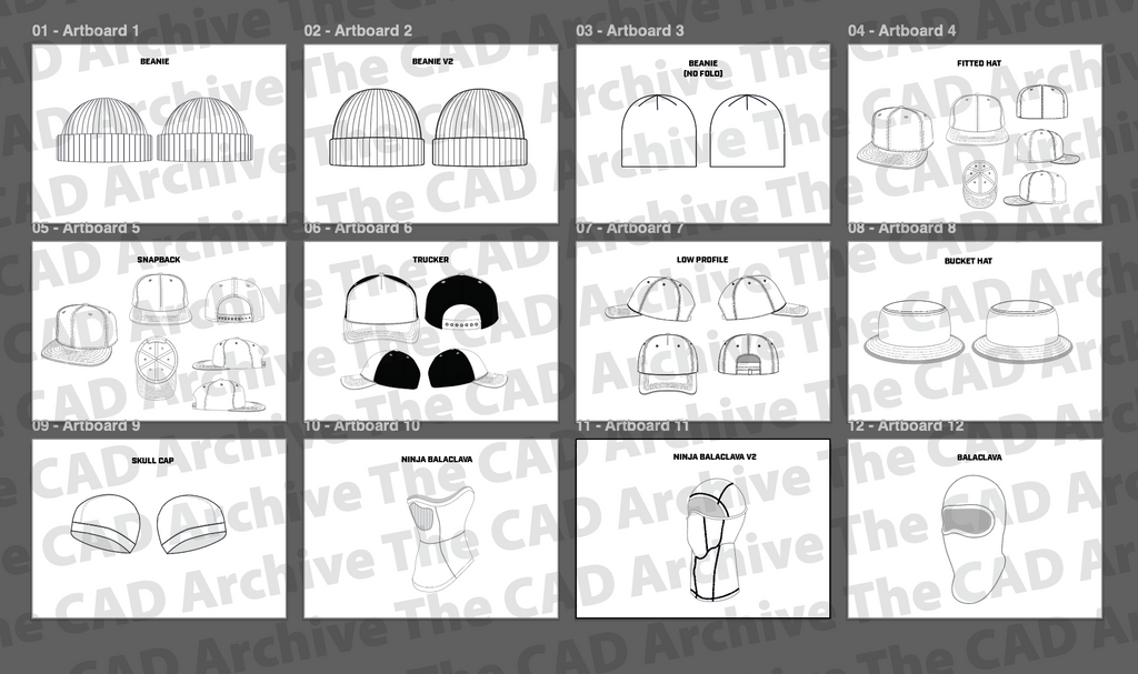 Grid of black and white line drawings of various hats on a gray background with 'The CAD Archive' branding.