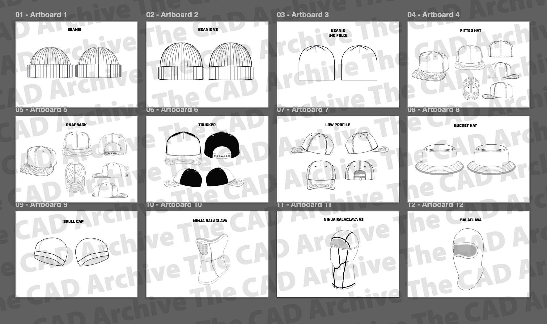 Grid of black and white line drawings of various hats on a gray background with 'The CAD Archive' branding.