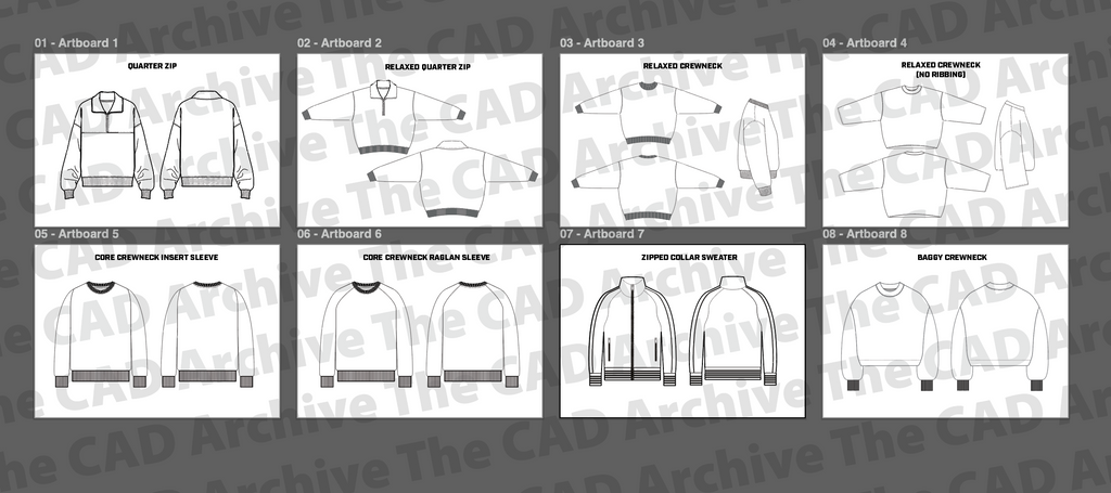 CAD artboards of various sweatshirt designs on a gray background