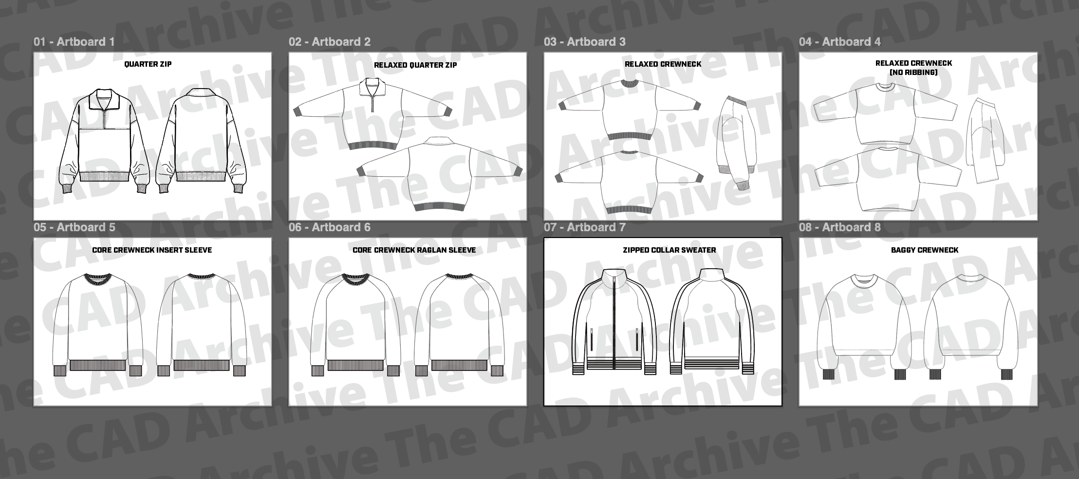CAD artboards of various sweatshirt designs on a gray background