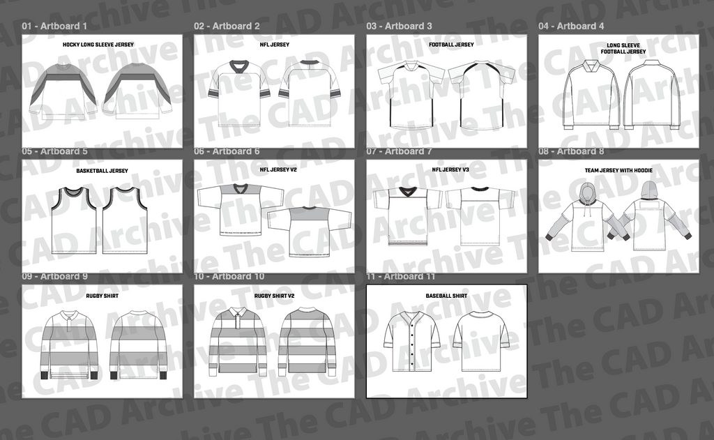 Collection of sports jersey designs on a grid layout with 'The CAD Archive' branding.
