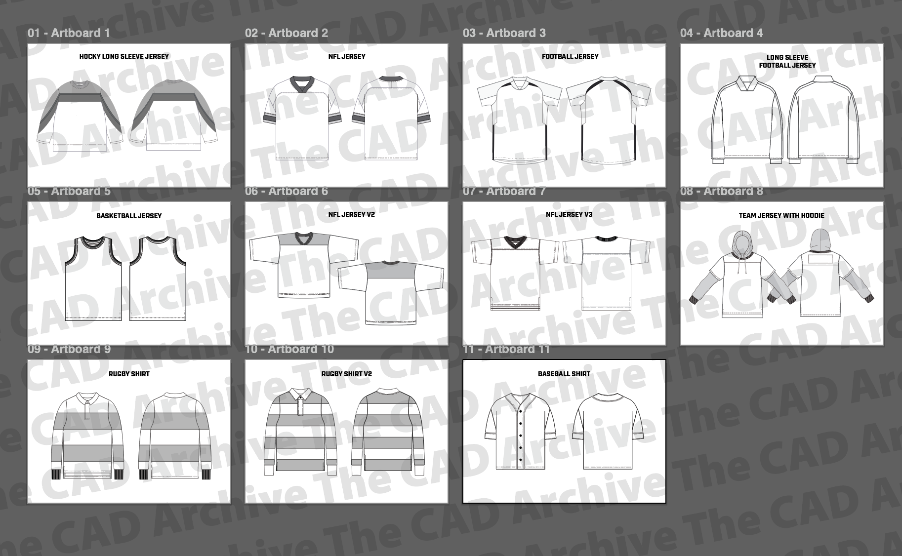 Collection of sports jersey designs on a grid layout with 'The CAD Archive' branding.