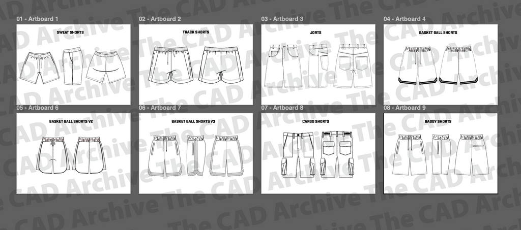 Set of technical drawings of various types of shorts on a white background with 'CAD Archive' branding.