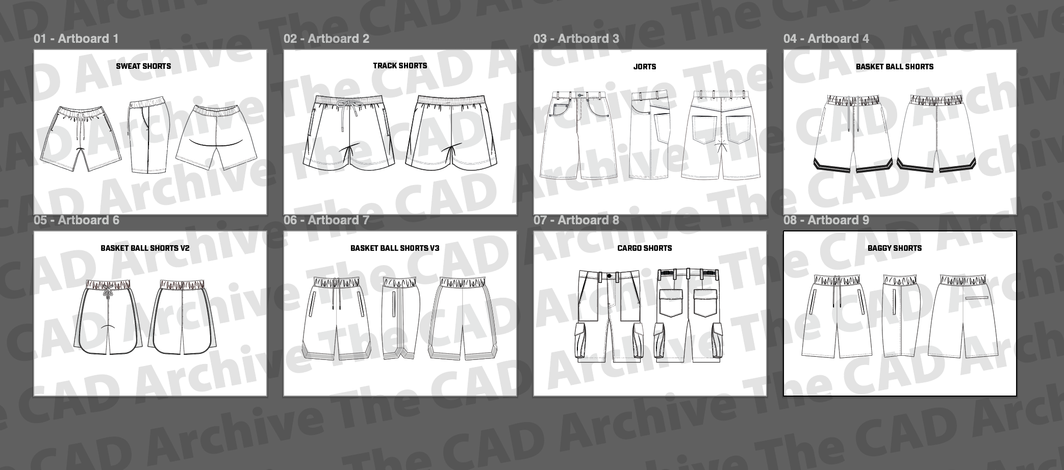 Set of technical drawings of various types of shorts on a white background with 'CAD Archive' branding.