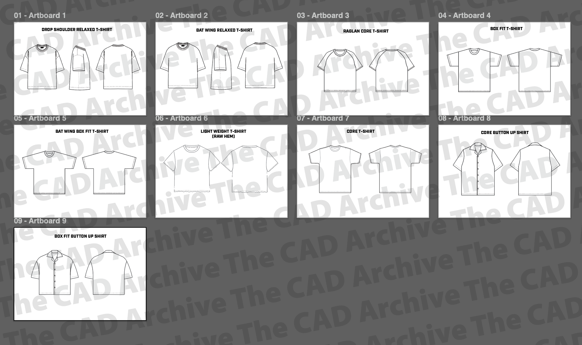 Set of CAD drawings for shirts on a gray background with 'Archive The CAD Archive' text.