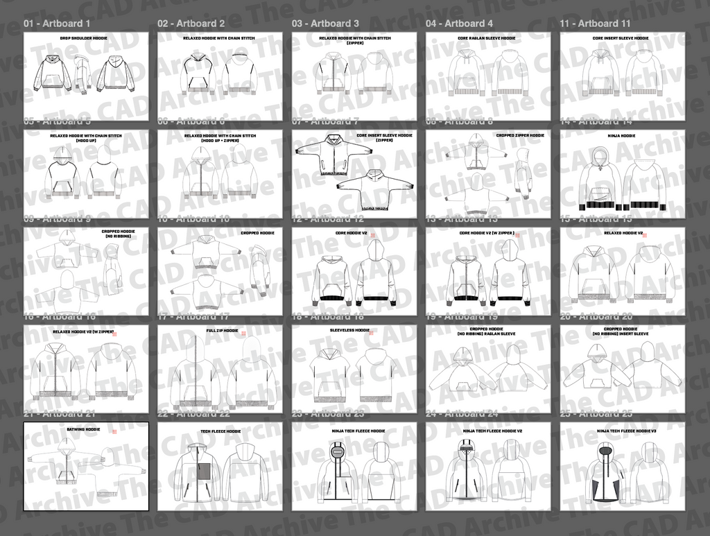 Multiple design artboards with clothing illustrations on a gray background