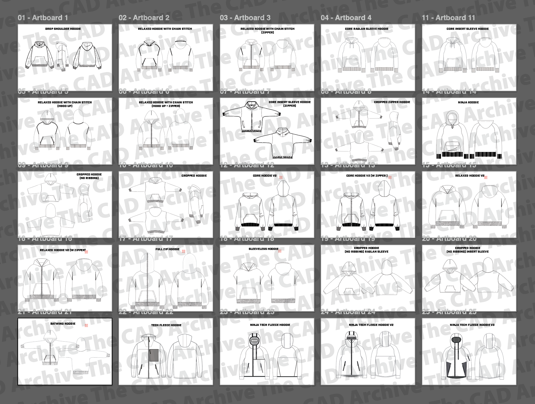 Multiple design artboards with clothing illustrations on a gray background