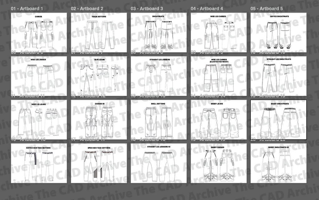 Set of technical drawings for pants on a grid layout.