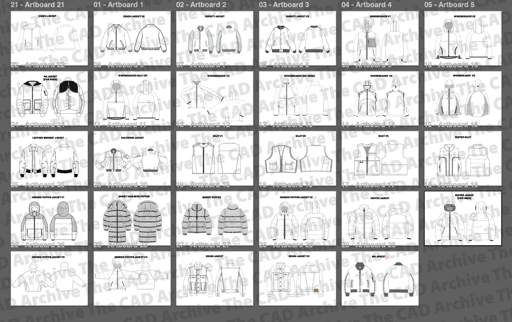 Set of line art illustrations of various clothing items on a grid layout.