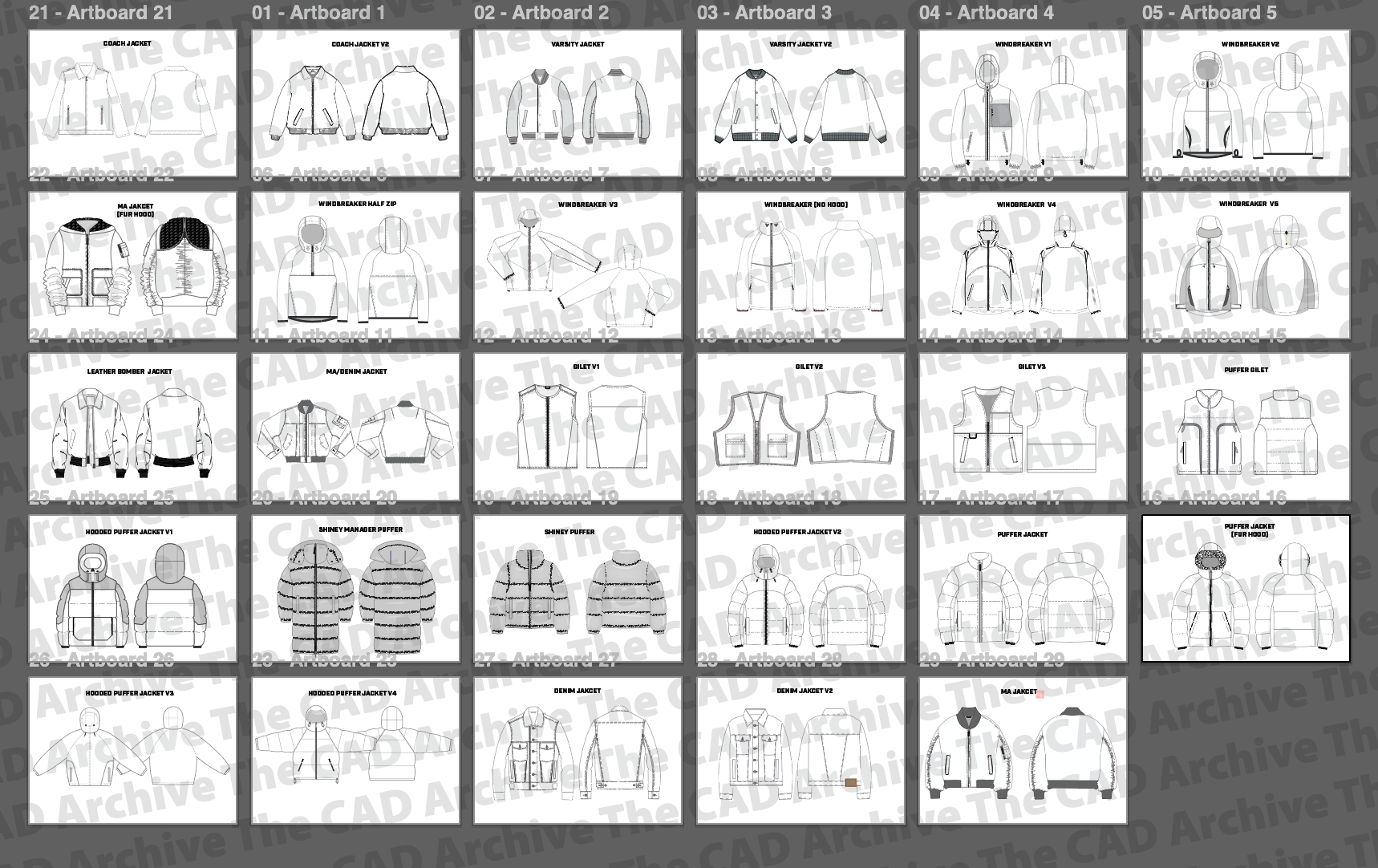 Set of line art illustrations of various clothing items on a grid layout.