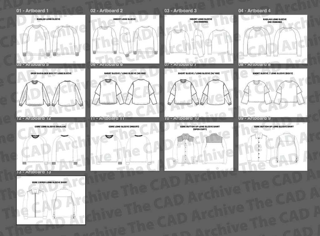 Grid of sweatshirt designs with labels on a gray background
