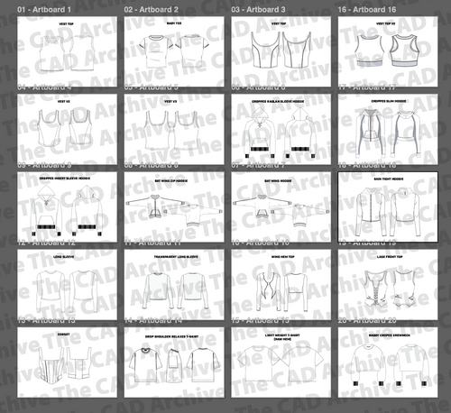 Grid of black and white line drawings of clothing items with 'The CAD Archive' branding.