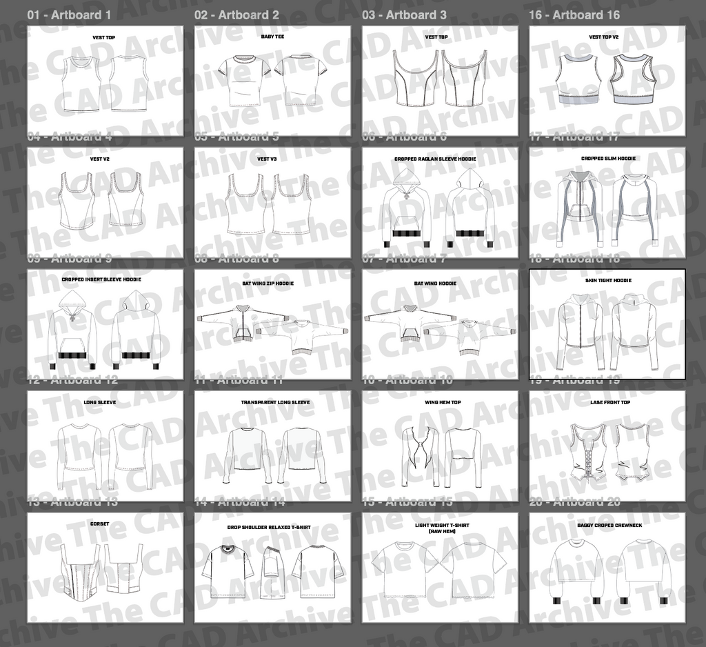 Grid of black and white line drawings of clothing items with 'The CAD Archive' branding.