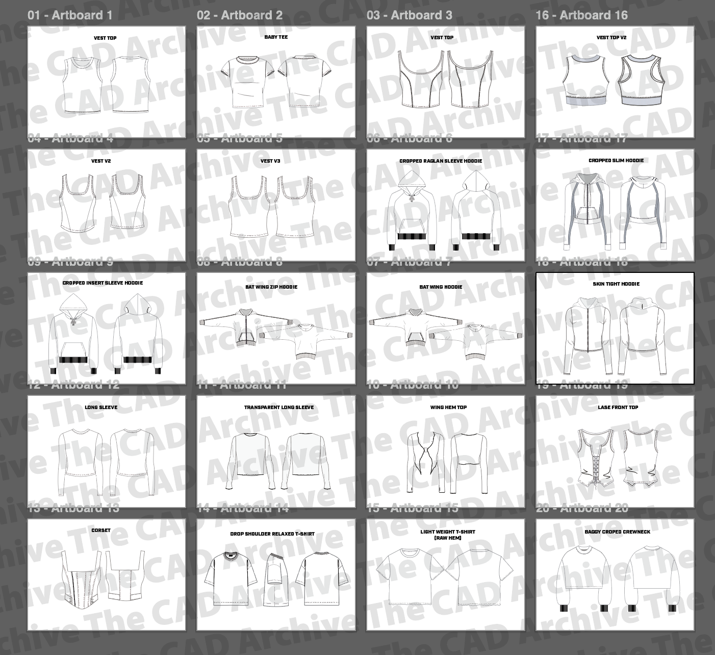 Grid of black and white line drawings of clothing items with 'The CAD Archive' branding.
