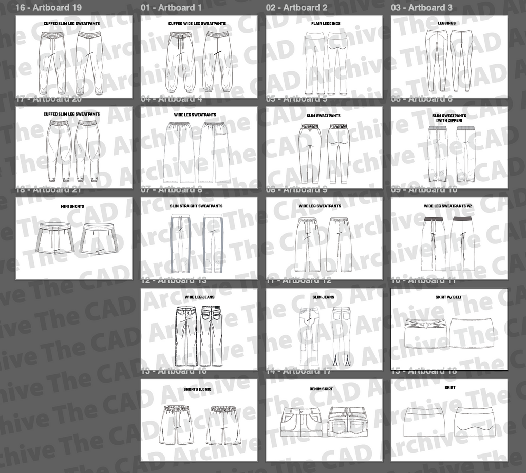Set of black and white line drawings of pants on a gray background with 'The CAD Archive' branding.