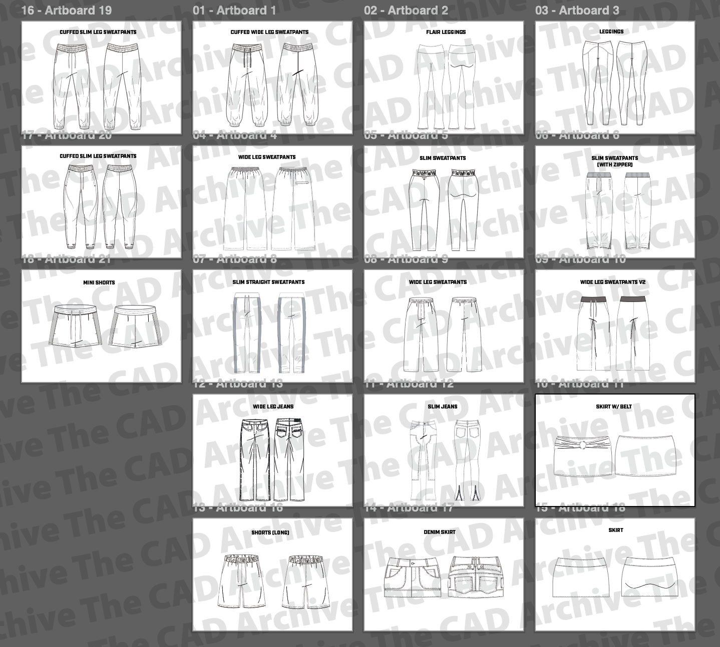 Set of black and white line drawings of pants on a gray background with 'The CAD Archive' branding.