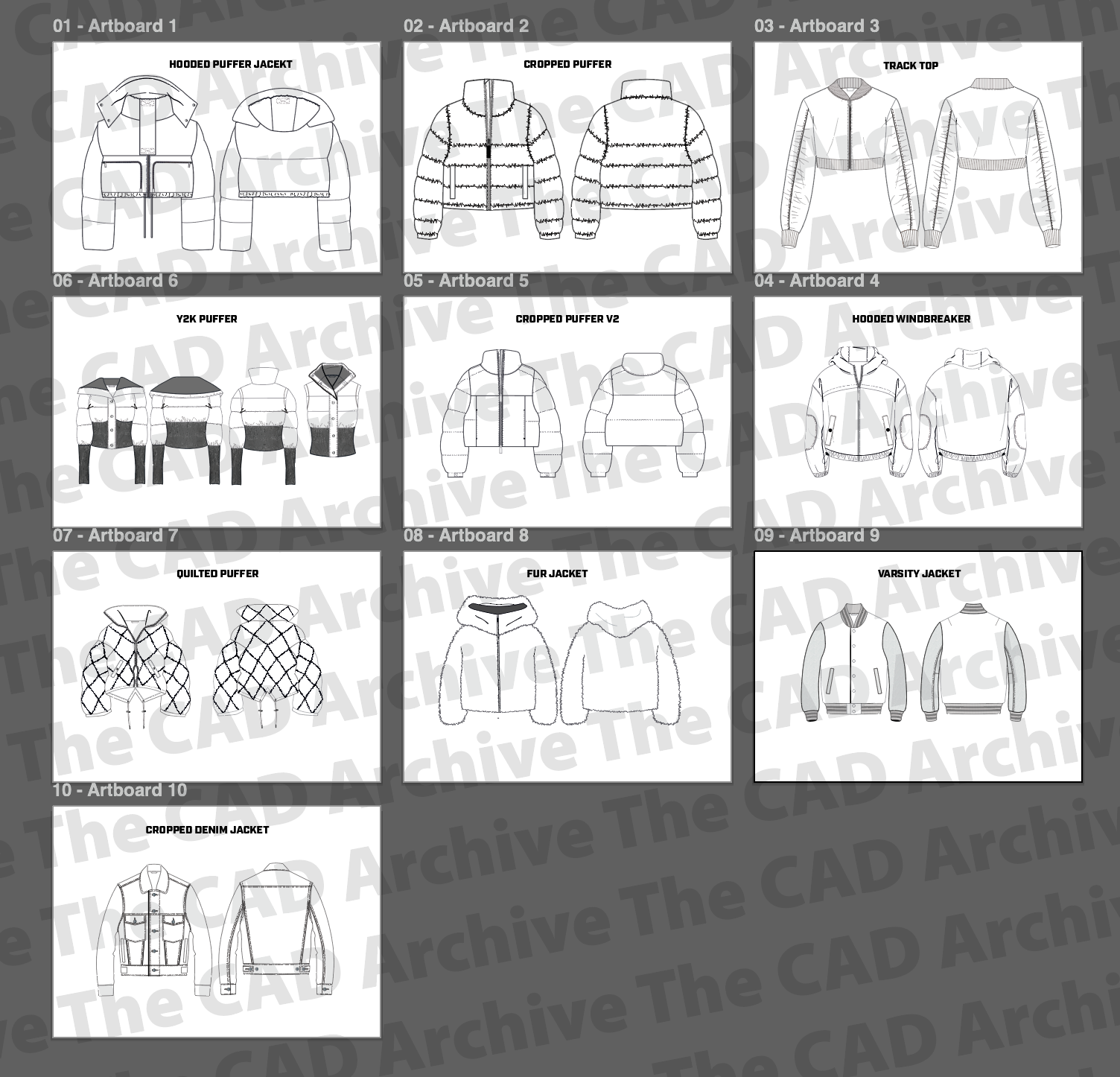 Grid of jacket designs with labels on a gray background, featuring 'Archive The CAD Archive' branding.