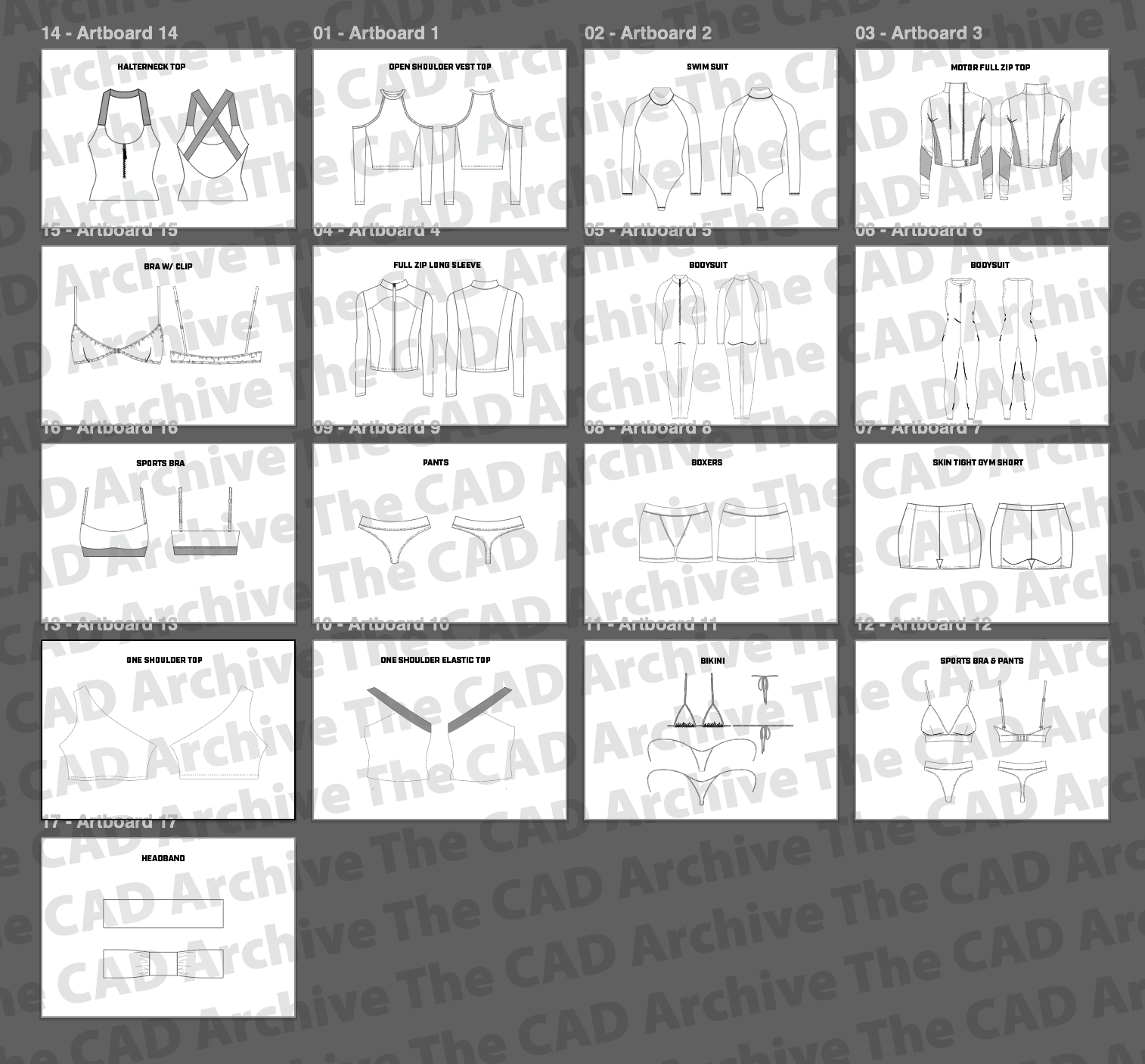 Grid of fashion design sketches with 'The CAD Archive' branding.