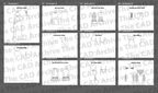 Grid of CAD (Computer-Aided Design) drawings of women's dresses on a gray background.
