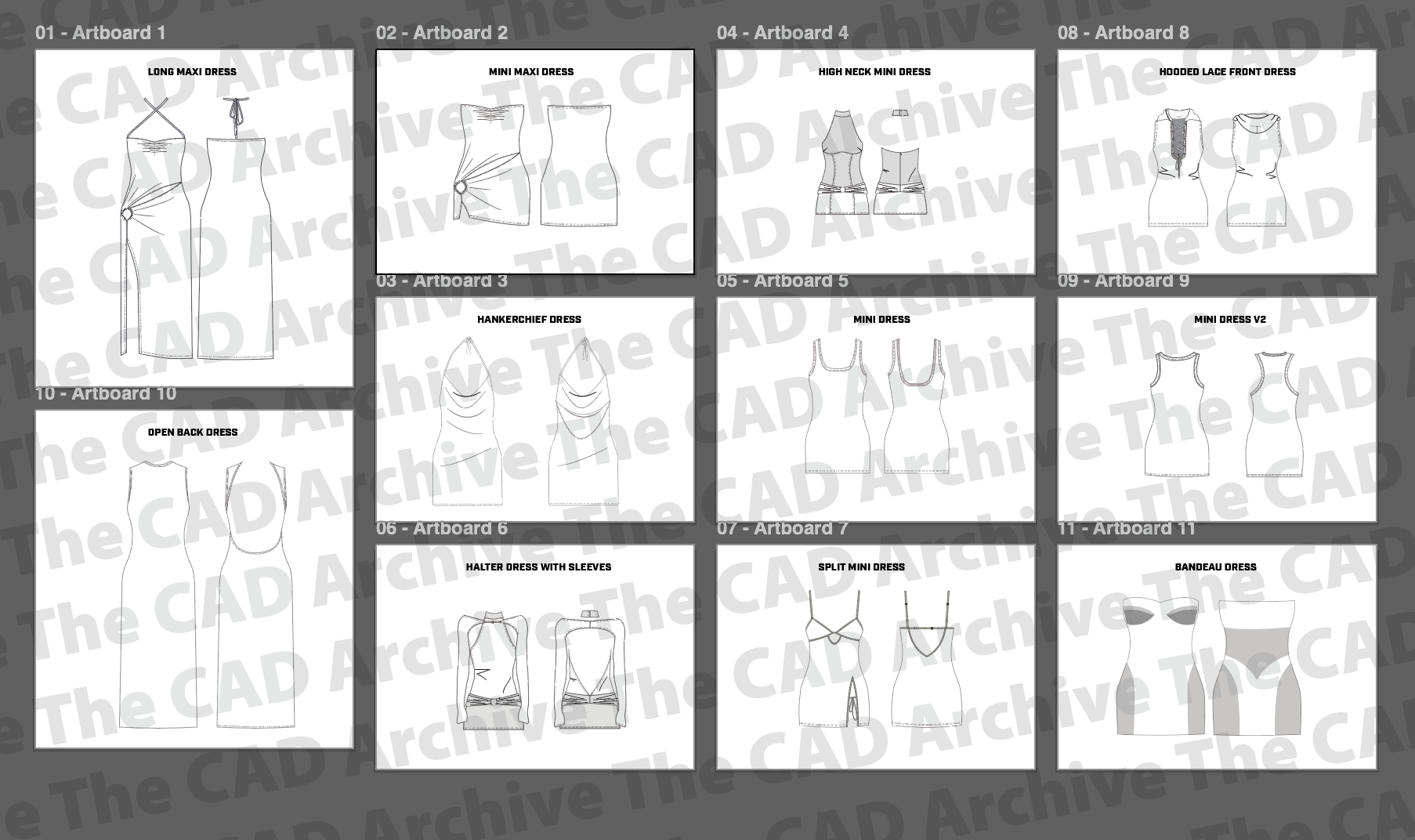 Grid of CAD (Computer-Aided Design) drawings of women's dresses on a gray background.