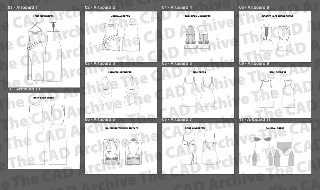 Grid of CAD (Computer-Aided Design) drawings of women's dresses on a gray background.