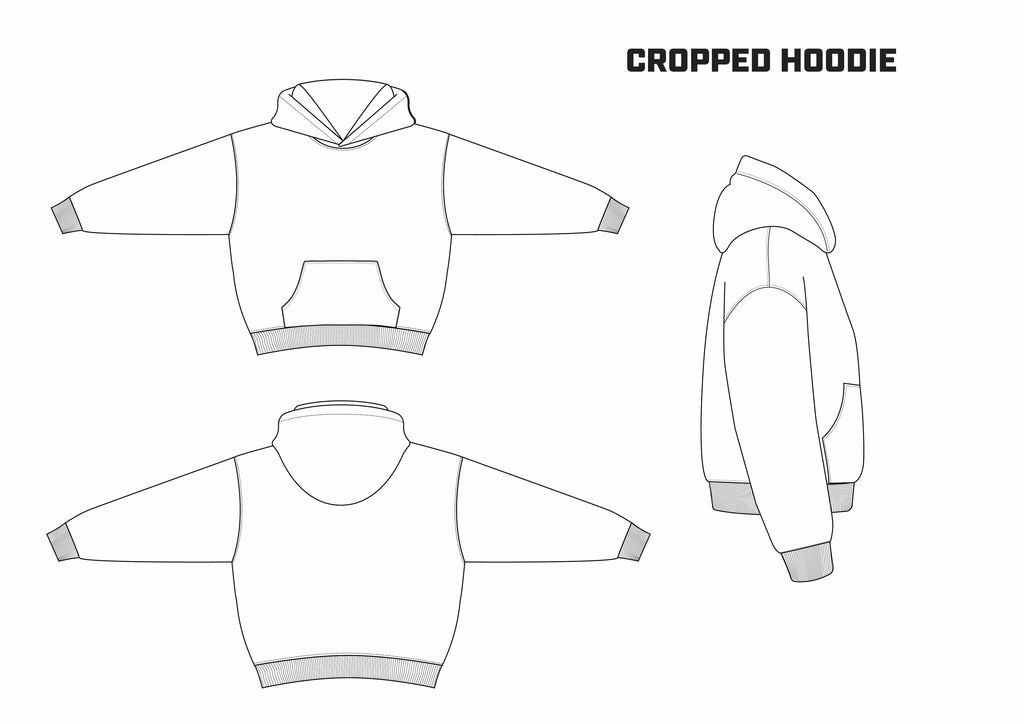 Technical drawing of a cropped hoodie from multiple angles on a white background.