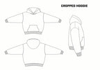 Technical drawing of a cropped hoodie from multiple angles on a white background.