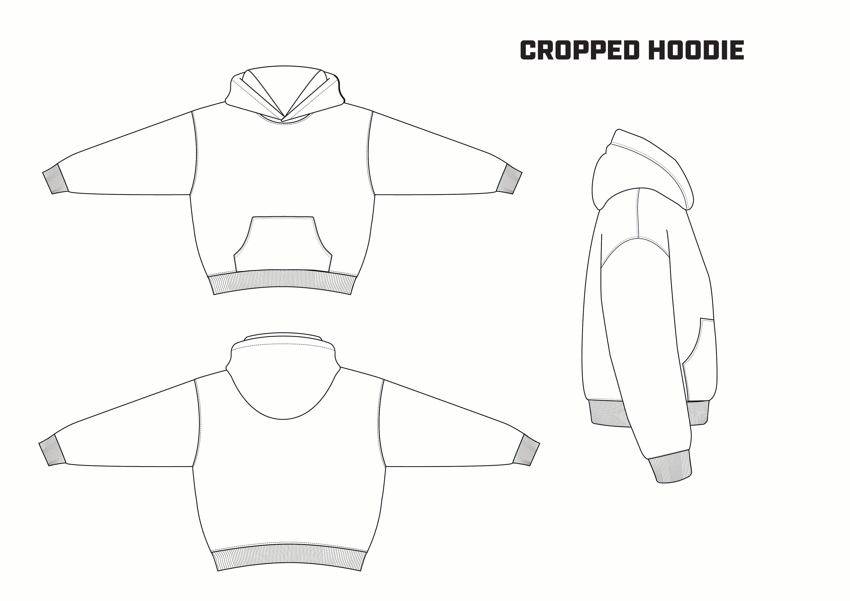 Technical drawing of a cropped hoodie from multiple angles on a white background.