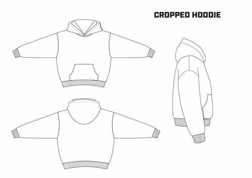 Technical drawing of a cropped hoodie from multiple angles on a white background.