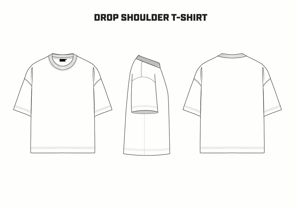 Line drawing of a drop shoulder t-shirt from front, back, and side views on a white background.