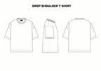 Line drawing of a drop shoulder t-shirt from front, back, and side views on a white background.