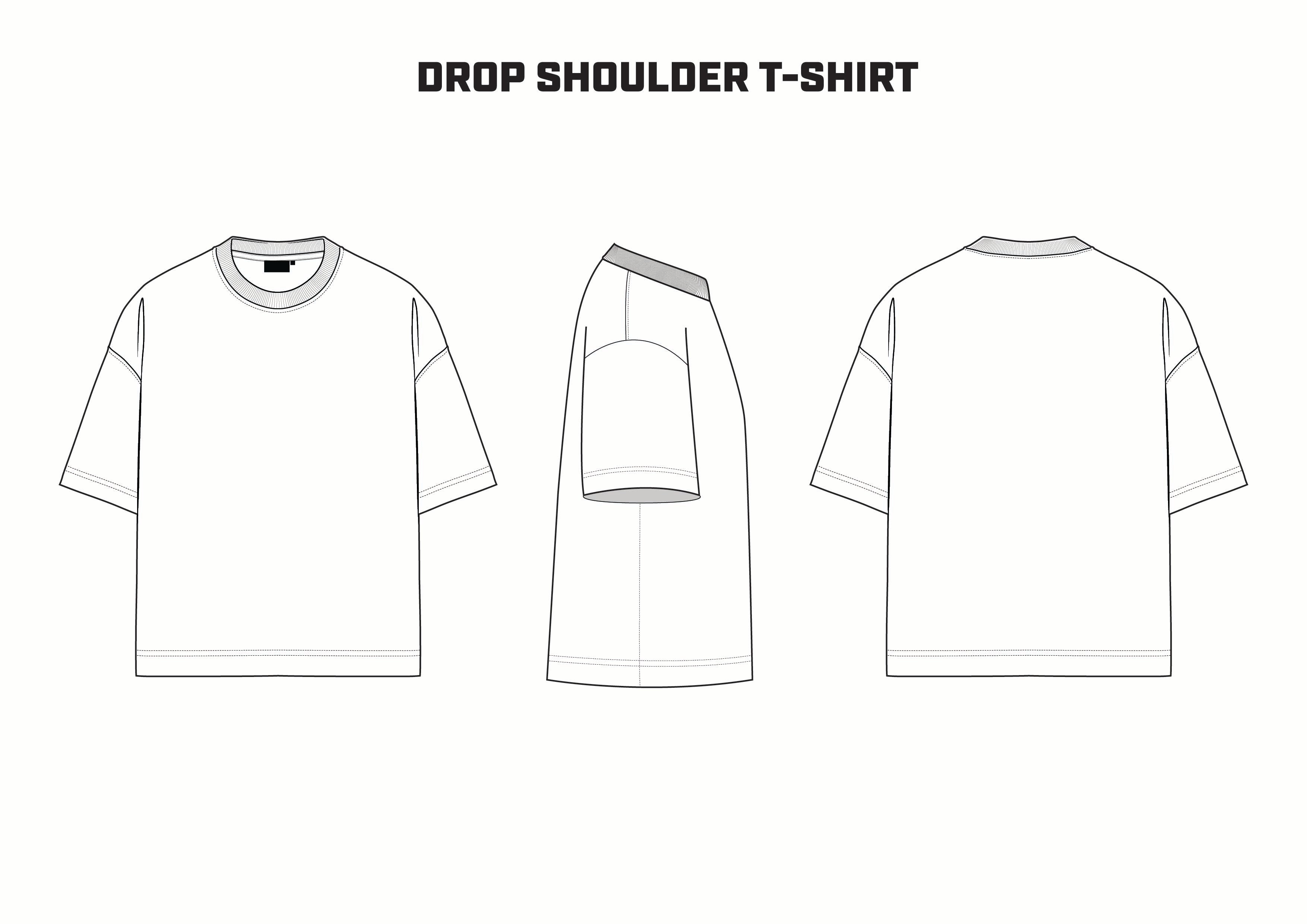 Line drawing of a drop shoulder t-shirt from front, back, and side views on a white background.