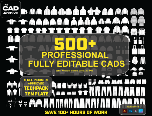 Promotional graphic for The CAD Archive with text about professional editable CADs and industry-approved techpack template.