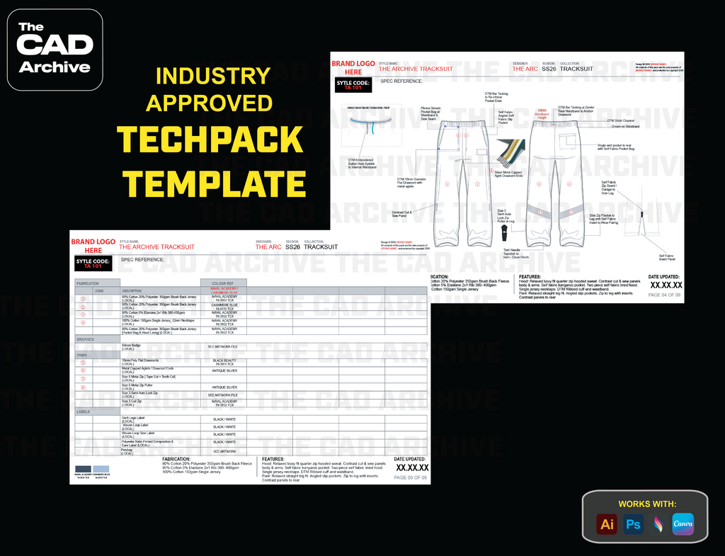Technical pack template with brand logos and text on a black background