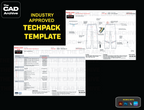 Technical pack template with brand logos and text on a black background