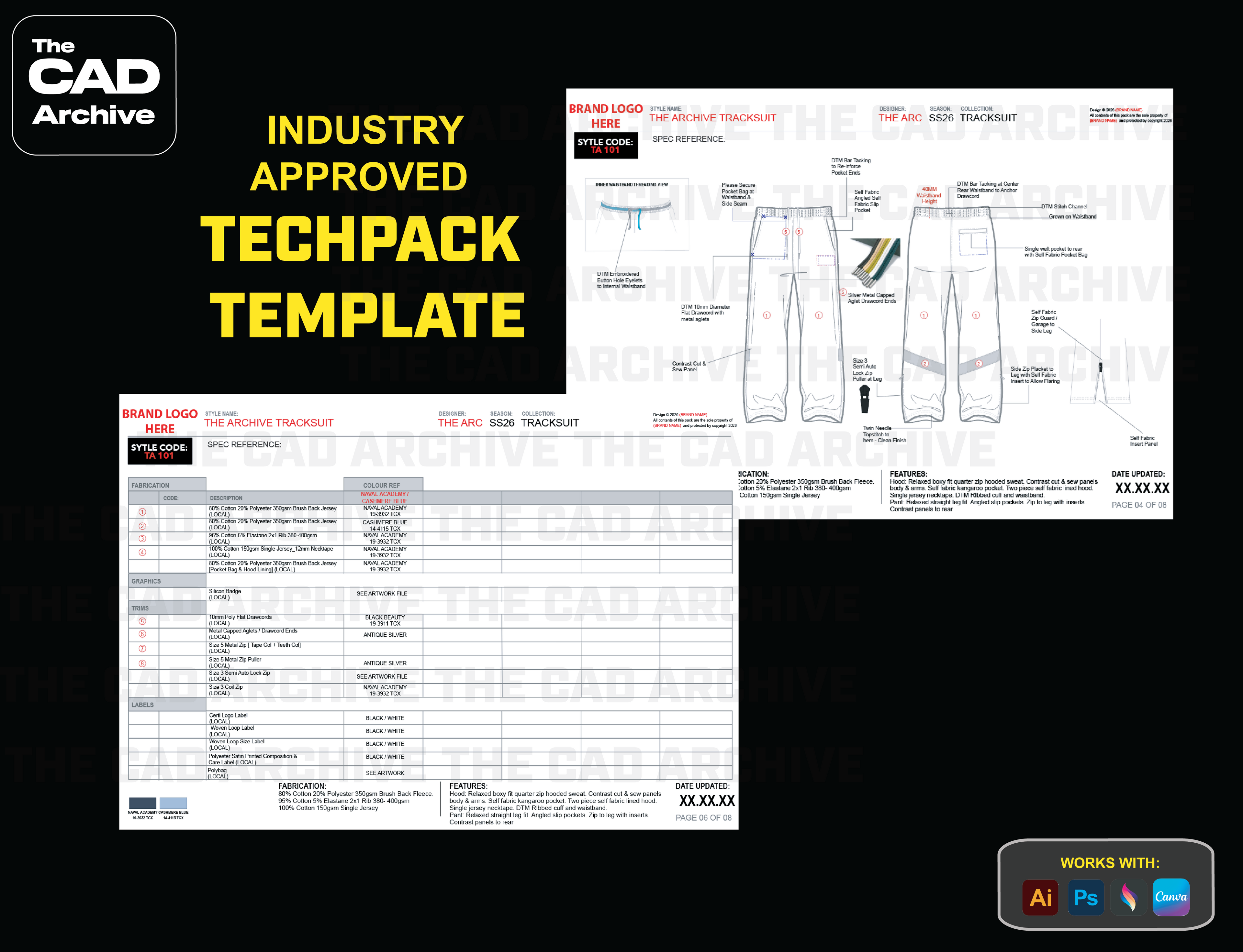 Technical pack template with brand logos and text on a black background