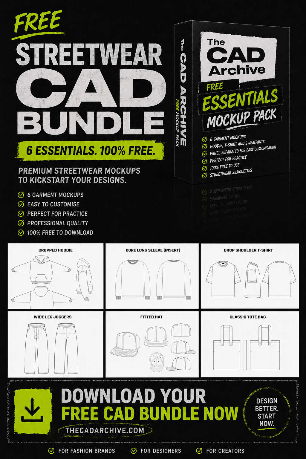 Promotional image for The CAD Archive free streetwear CAD bundle with mockup pack and download information.