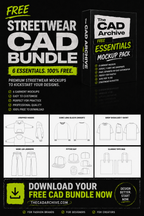Promotional image for The CAD Archive free streetwear CAD bundle with mockup pack and download information.