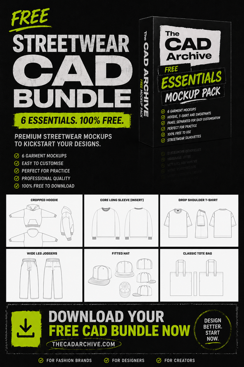 Promotional image for The CAD Archive free streetwear CAD bundle with mockup pack and download information.