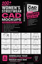 CAD mockup pack for women's streetwear with product layout and branding on a black background.
