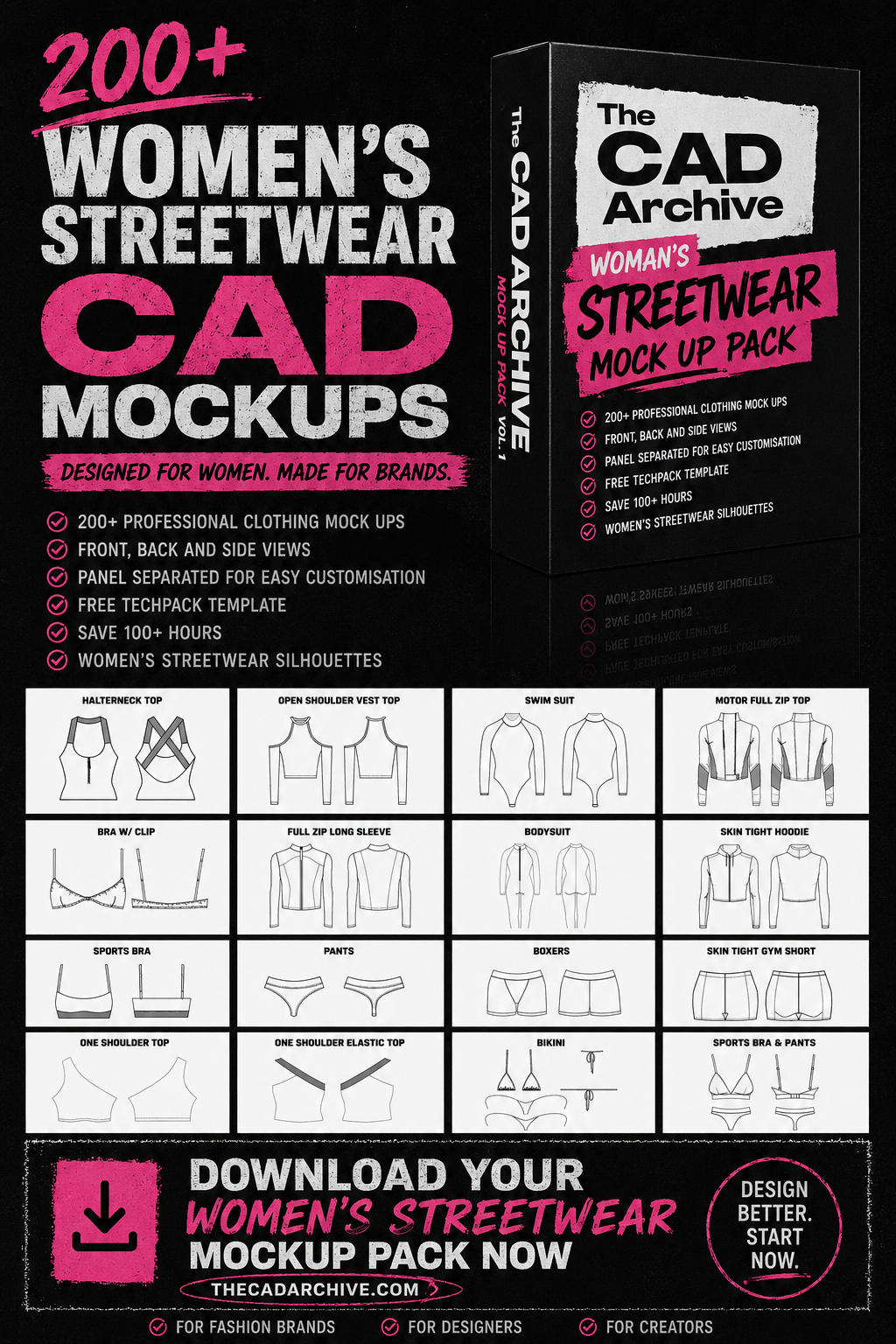 CAD mockup pack for women's streetwear with product layout and branding on a black background.